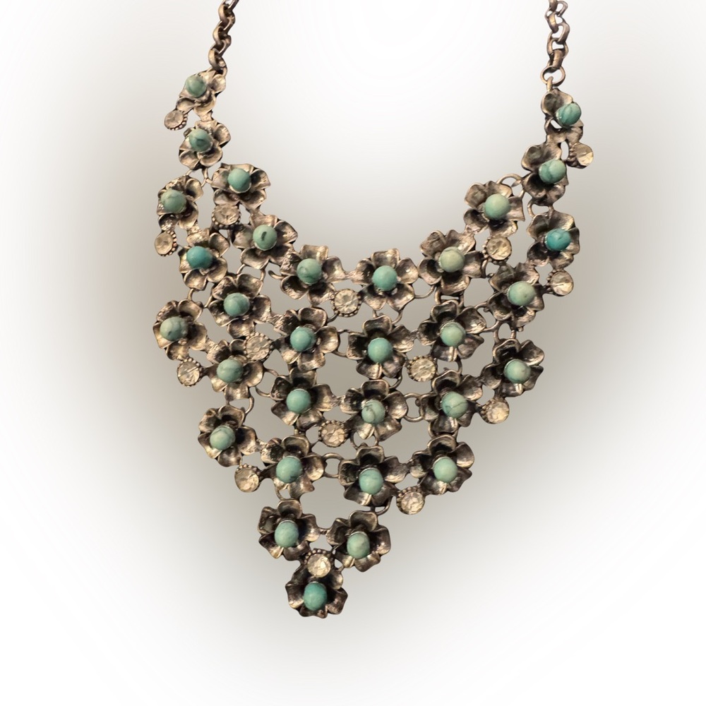 Floral Silver and Turquoise Necklace